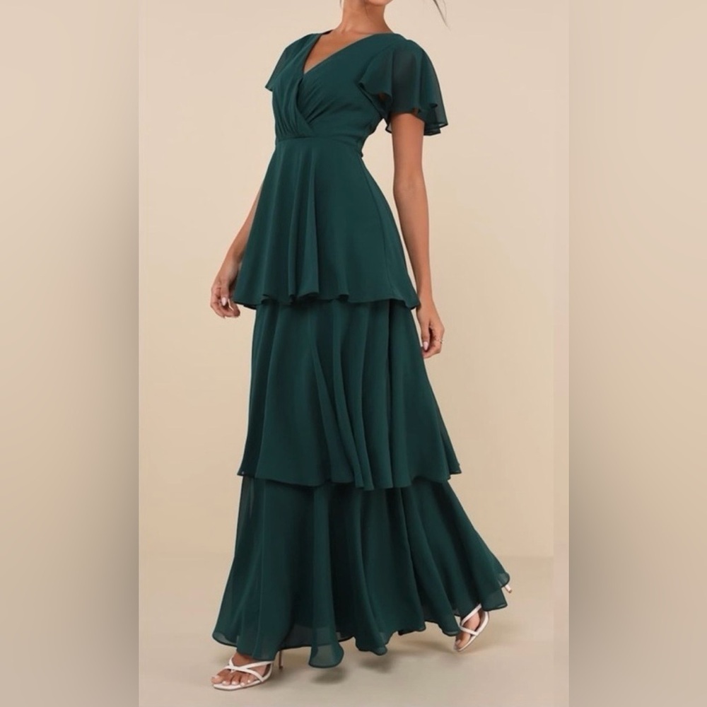 Lulus NWT “Sincerely Exquisite” Emerald Green Short Sleeve Tiered Maxi Dress - Picture 10 of 12